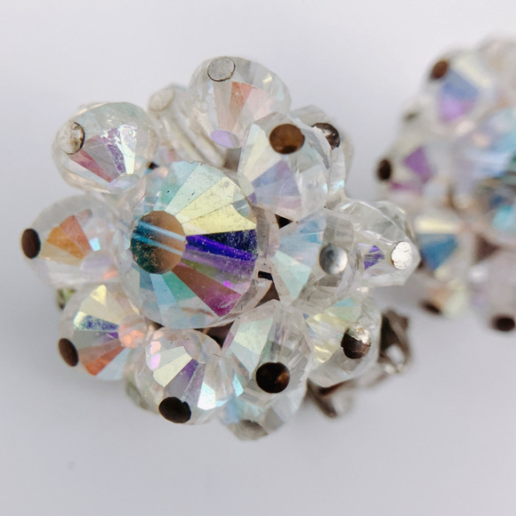VTG MCM Signed Hobé Clip-On Earrings Aurora Borealis Crystal Cluster 1950s 1960s - Picture 4 of 10